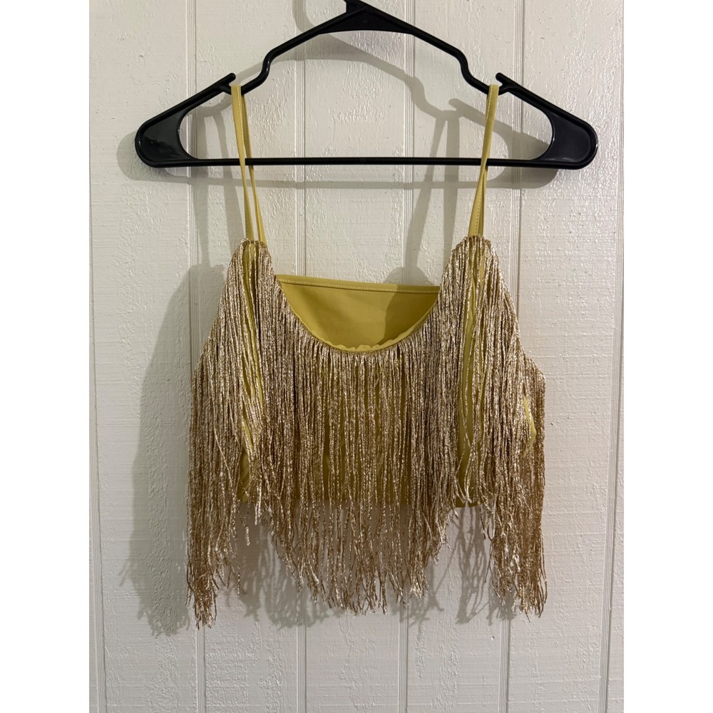 Niay Gold Metallic Fringe Cami Crop Top Yellow Western Disco Festival Size Large